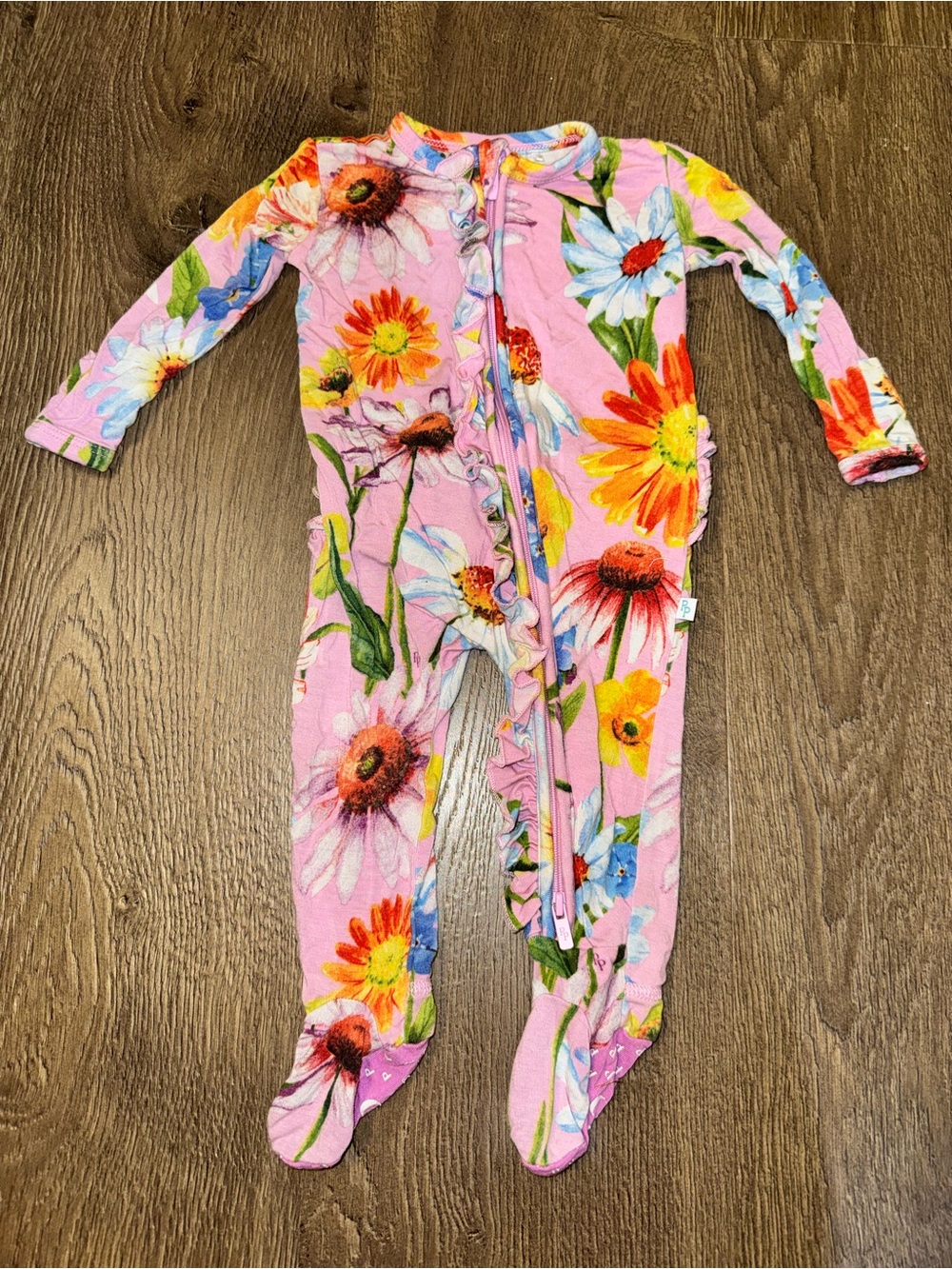 Posh Peanut Pink Floral Ruffle Zipper Footie 0-3 Months